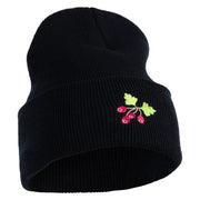 Red Berries Embroidered 12 inch Cuffed Knit Long Beanie - Black OSFM
