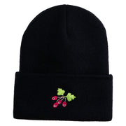 Red Berries Embroidered 12 inch Cuffed Knit Long Beanie - Black OSFM