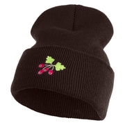 Red Berries Embroidered 12 inch Cuffed Knit Long Beanie - Brown OSFM