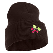 Red Berries Embroidered 12 inch Cuffed Knit Long Beanie - Brown OSFM