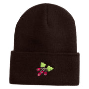 Red Berries Embroidered 12 inch Cuffed Knit Long Beanie - Brown OSFM