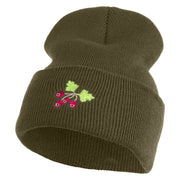 Red Berries Embroidered 12 inch Cuffed Knit Long Beanie - Olive OSFM