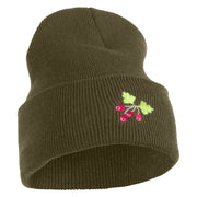 Red Berries Embroidered 12 inch Cuffed Knit Long Beanie - Olive OSFM