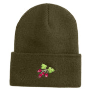 Red Berries Embroidered 12 inch Cuffed Knit Long Beanie - Olive OSFM