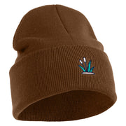 Cattails Embroidered 12 Inch Solid Knit Cuff Long Beanie Made in USA - Coyote-Brown OSFM