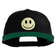 Smile Face Circular Patched 5 Panel Flat Bill Twill Snapback Solid Cap - Black OSFM