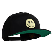 Smile Face Circular Patched 5 Panel Flat Bill Twill Snapback Solid Cap - Black OSFM