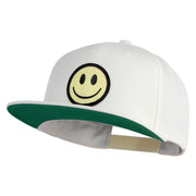 Smile Face Circular Patched 5 Panel Flat Bill Twill Snapback Solid Cap - White OSFM