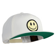 Smile Face Circular Patched 5 Panel Flat Bill Twill Snapback Solid Cap - White OSFM
