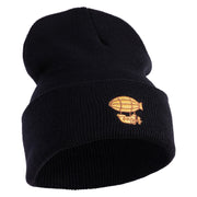 Steampunk Airship Logo Embroidered 12 Inch Solid Knit Cuff Long Beanie Made in USA - Black OSFM