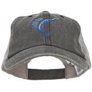 Blue Marlin Outline Embroidered Washed Trucker Cap