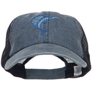 Blue Marlin Outline Embroidered Washed Trucker Cap