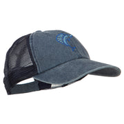 Blue Marlin Outline Embroidered Washed Trucker Cap