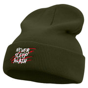 Never Sleep Again Icon Embroidered 12 Inch Long Knitted Beanie - Olive OSFM