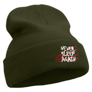 Never Sleep Again Icon Embroidered 12 Inch Long Knitted Beanie - Olive OSFM