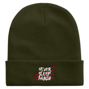 Never Sleep Again Icon Embroidered 12 Inch Long Knitted Beanie - Olive OSFM