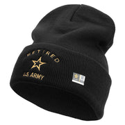 Licensed US Army Retired Military Embroidered 12 Inch Solid Knit Cuff Long Beanie Made in USA - Black OSFM