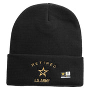 Licensed US Army Retired Military Embroidered 12 Inch Solid Knit Cuff Long Beanie Made in USA - Black OSFM