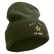 Licensed US Army Retired Military Embroidered 12 Inch Solid Knit Cuff Long Beanie Made in USA - Olive OSFM