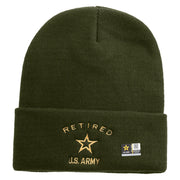 Licensed US Army Retired Military Embroidered 12 Inch Solid Knit Cuff Long Beanie Made in USA - Olive OSFM