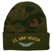 US Army Aviator Logo Embroidered Camo Knit Long Cuff Beanie