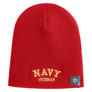 Navy Veteran Letters Symbol Embroidered Heavyweight Classic Knit Short Beanie - Red OSFM