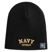Navy Veteran Letters Symbol Embroidered Heavyweight Classic Knit Short Beanie - Black OSFM