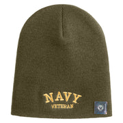Navy Veteran Letters Symbol Embroidered Heavyweight Classic Knit Short Beanie - Olive OSFM
