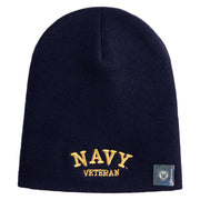 Navy Veteran Letters Symbol Embroidered Heavyweight Classic Knit Short Beanie - Navy OSFM