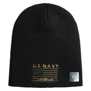 Navy Veteran Flag Symbol Embroidered Heavyweight Classic Knit Short Beanie - Black OSFM