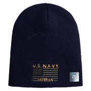 Navy Veteran Flag Symbol Embroidered Heavyweight Classic Knit Short Beanie - Navy OSFM