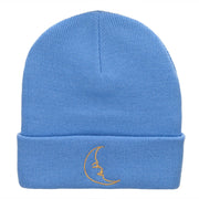 Sleepy Moon Embroidered Long Knitted Beanie