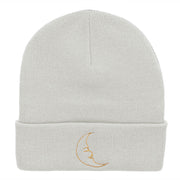 Sleepy Moon Embroidered Long Knitted Beanie