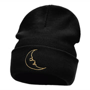 Sleepy Moon Embroidered Long Knitted Beanie