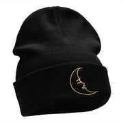 Sleepy Moon Embroidered Long Knitted Beanie