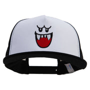 Mario Ghost Face Embroidered Flat Bill Snapback Trucker Cap - White-Black OSFM