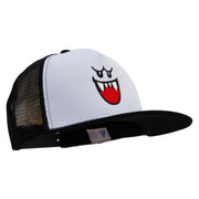 Mario Ghost Face Embroidered Flat Bill Snapback Trucker Cap - White-Black OSFM