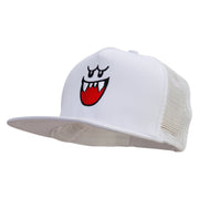 Mario Ghost Face Embroidered Flat Bill Snapback Trucker Cap - White-White OSFM