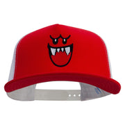 Mario Ghost Face Embroidered Flat Bill Snapback Trucker Cap - Red-White OSFM