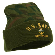 US Navy USN Veteran Logo Embroidered Camo Knit Long Cuff Beanie