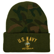 US Navy USN Veteran Logo Embroidered Camo Knit Long Cuff Beanie