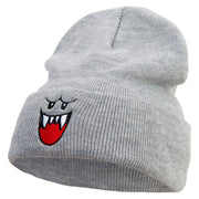 Mario Ghost Face Embroidered 12 Inch Long Knitted Beanie - Heather-Grey OSFM