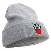 Mario Ghost Face Embroidered 12 Inch Long Knitted Beanie - Heather-Grey OSFM