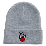 Mario Ghost Face Embroidered 12 Inch Long Knitted Beanie - Heather-Grey OSFM