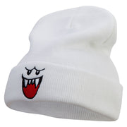 Mario Ghost Face Embroidered 12 Inch Long Knitted Beanie - White OSFM