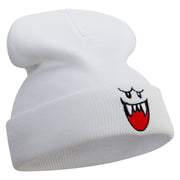 Mario Ghost Face Embroidered 12 Inch Long Knitted Beanie - White OSFM