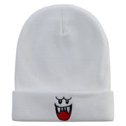 Mario Ghost Face Embroidered 12 Inch Long Knitted Beanie - White OSFM