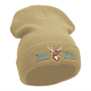 The Deer Hunt Embroidered 12 Inch Solid Long Beanie Made in USA