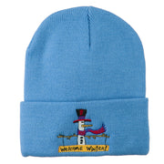 Snowman Welcome Winter Embroidered Beanie