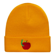 School Worm Apple Embroidered Long Knitted Beanie